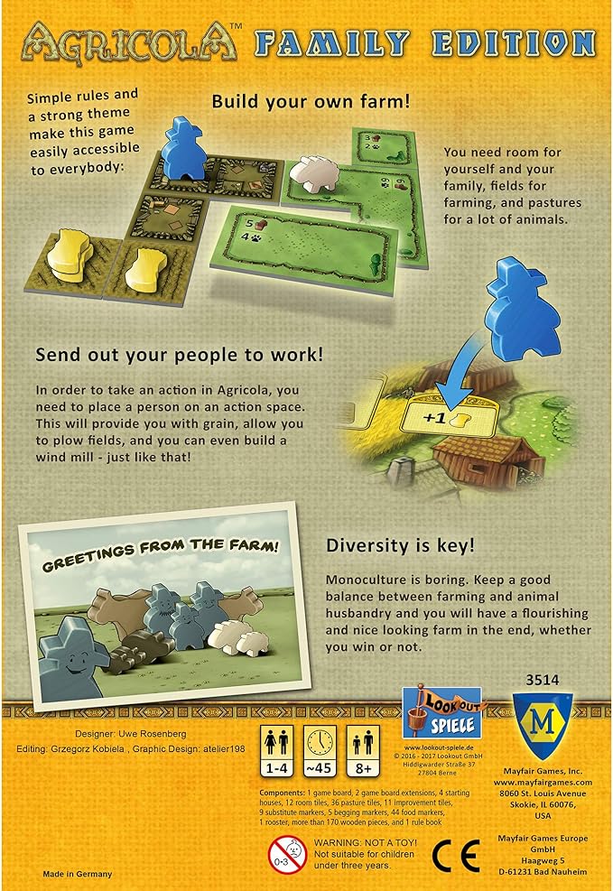 Agricola Family Edition - A simplified version of the classic worker-placement farming game suitable for children as young as eight. Sold by Board Hoarders