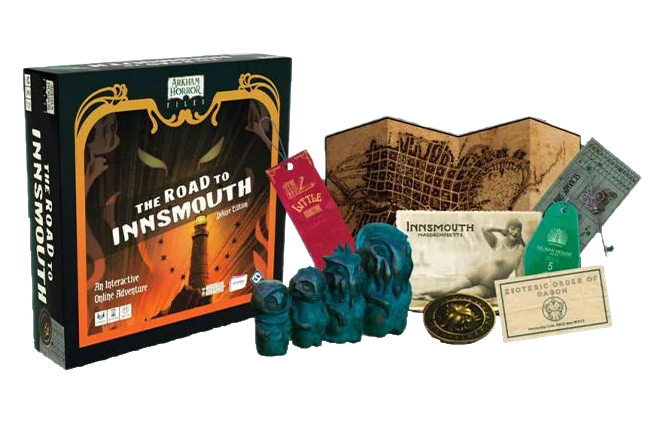 The Road to Innsmouth Deluxe Edition Board game components including a box, cards, and pieces on a white background