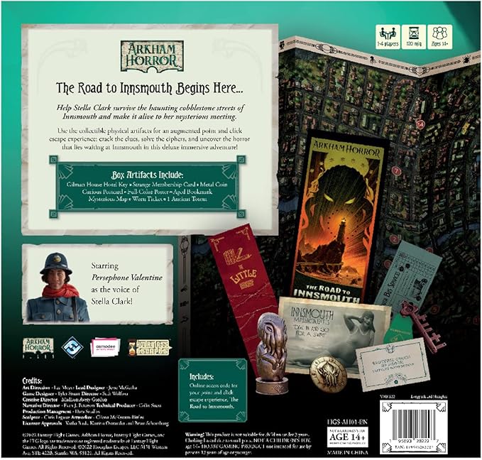 The Road to Innsmouth Deluxe Edition Arkham Horror game box back with text and graphics