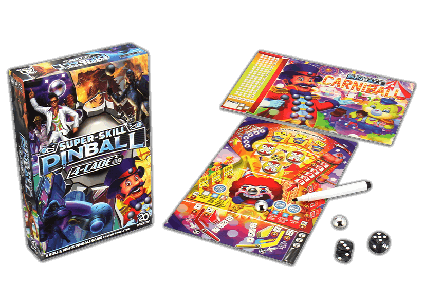 Super-Skill Pinball 4-Cade - a the arcade classic brought to the tabletop with art, atmosphere, and roll-and-write mechanisms. Sold by Board Hoarders