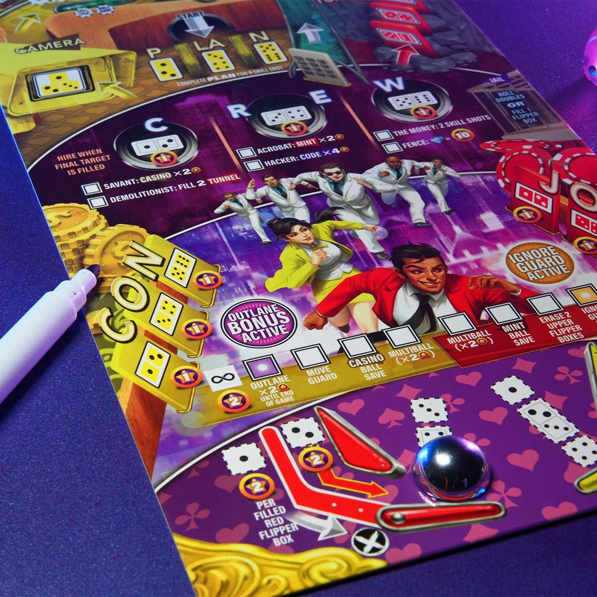 Super-Skill Pinball: Ramp It Up- a the arcade classic brought to the tabletop with art, atmosphere, and roll-and-write mechanisms. This is a standalone sequel to Super-Skill Pinball: 4-Cade that you can play solo, with up to four people in a single box, or with even more people with multiple copies.