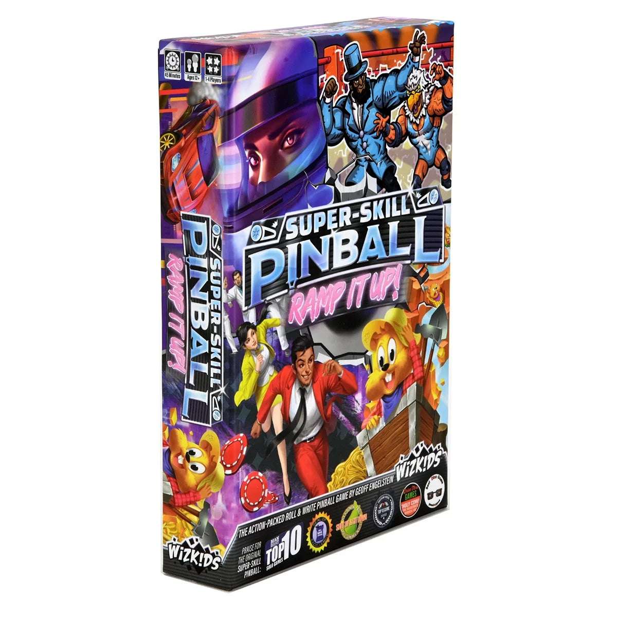 Super-Skill Pinball: Ramp It Up- a the arcade classic brought to the tabletop with art, atmosphere, and roll-and-write mechanisms. This is a standalone sequel to Super-Skill Pinball: 4-Cade that you can play solo, with up to four people in a single box, or with even more people with multiple copies.