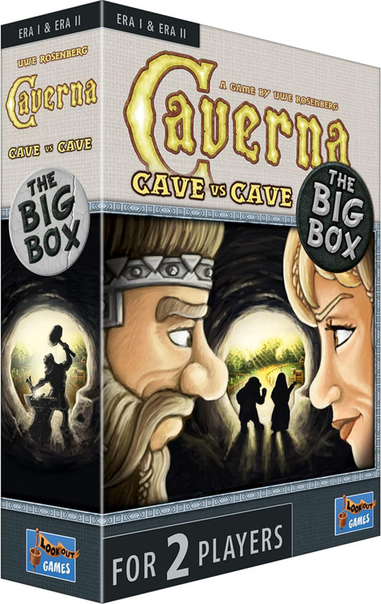 Caverna: Cave vs Cave The Big Box is a two player game containing all of the material in the base game and first expansion in a single package.