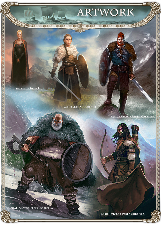 In the Name of Odin. Illustrations of five characters in Viking attire against a snowy landscape.