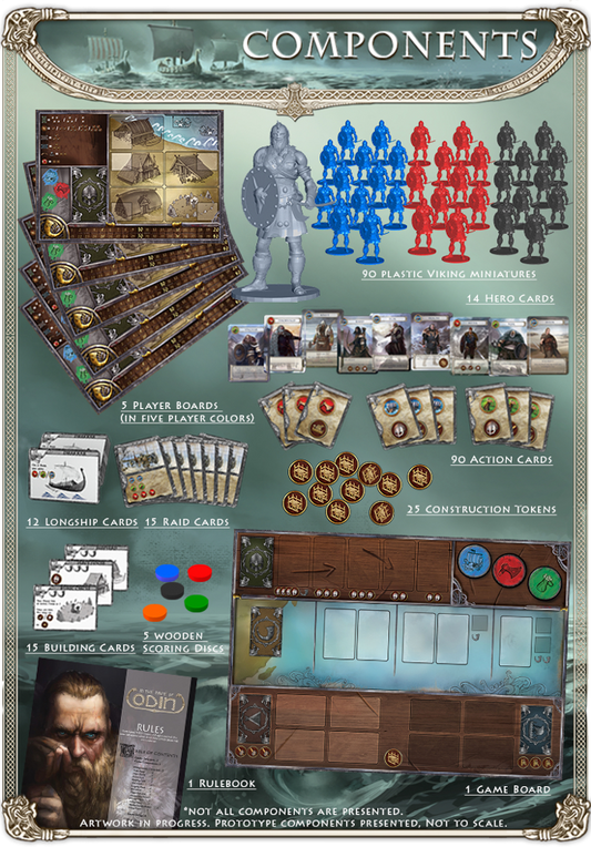 In the Name of Odin. Components of a game displayed on a green background with text.