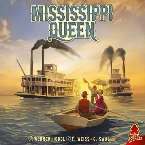 Board game cover titled 'Mississippi Queen' with steamboats and a couple in a rowboat.