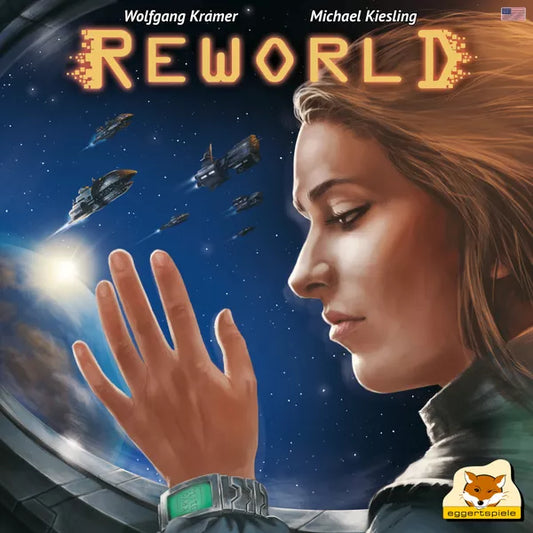 Board game cover of 'Reworld' featuring a woman looking out a window with spaceships in the background.