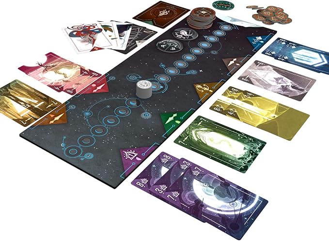 Shamans Board game setup with cards and pieces on a star-themed playmat