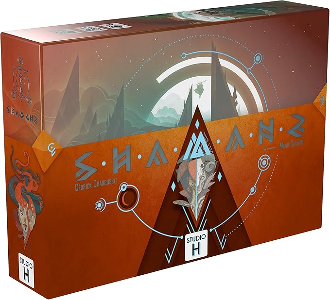 Shamans Board game box with artistic design and text on a white background