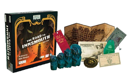 The Road to Innsmouth Deluxe Edition Board game components including a box, cards, and pieces on a white background