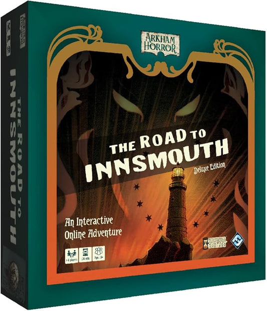 The Road to Innsmouth Deluxe Edition - Board game box for 'The Road to Innsmouth' from Arkham Horror with lighthouse illustration.