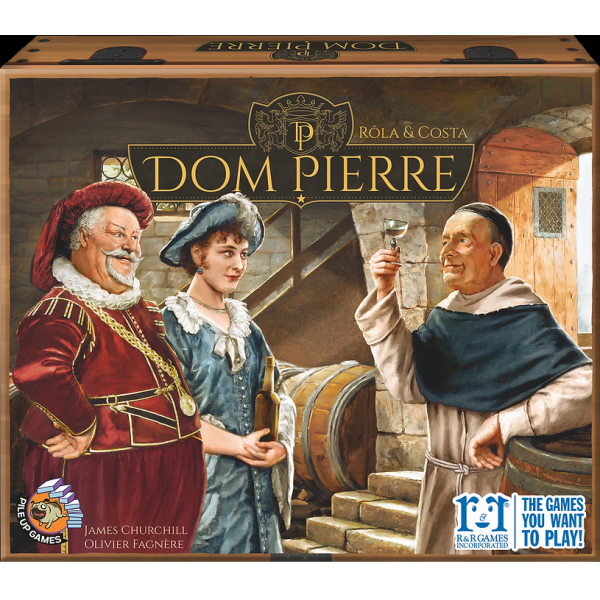 Board game box titled 'Dom Pierre' featuring characters in historical attire.