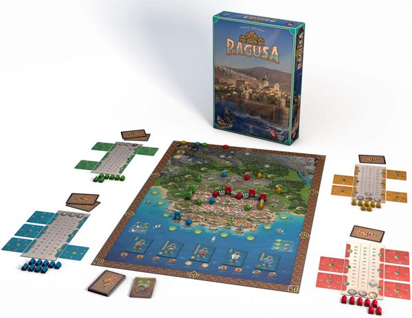 Ragusa Board game setup with 'Dacia' board and components on a white background