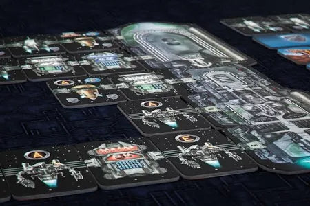 Reworld. Close-up of futuristic card game pieces with intricate designs on a dark surface