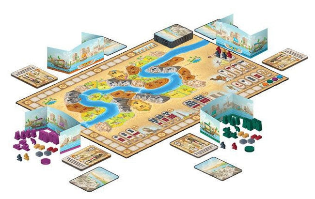 Sailing Toward Osiris. Board game with various components on a white background